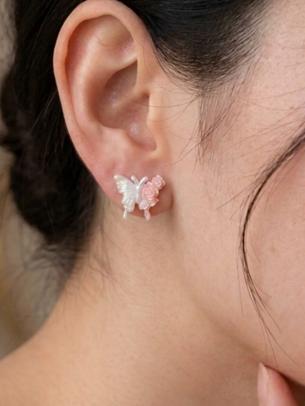 Pink Butterfly & Rose Stud Earrings - Women Jewelry